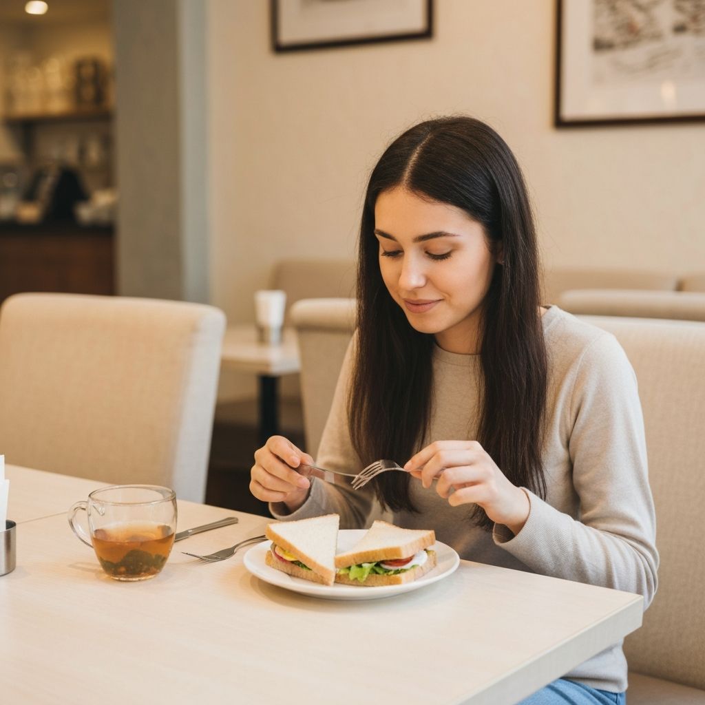 Person relaxed and eating lunch at a calm café